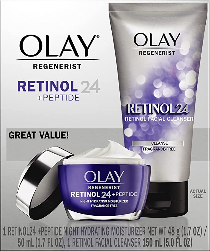 Olay Retinol 24 Duo Pack, Cleanser 150 mL, Moisturizer 50 mL, Silver and Purple