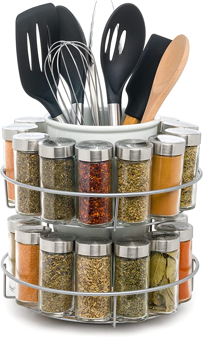 Everyday Solutions Revolving Filled Spice Rack & Stoneware Tool Jug - Spinning Storage Crock w/ Cooking Utensils & Seasonings - Countertop Organizer - Dishwasher Safe - Ceramic & Chrome - 33 Piece Set