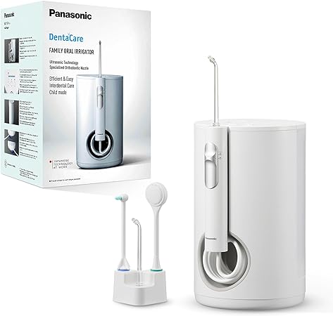 Panasonic EW1614AW503-PACK Family Oral Irrigator for Teeth, Ultrasonic Jet, Child Mode, 10 Pressure Settings, IPX7, Orthodontics, 5 Nozzles, Mains Powered, White