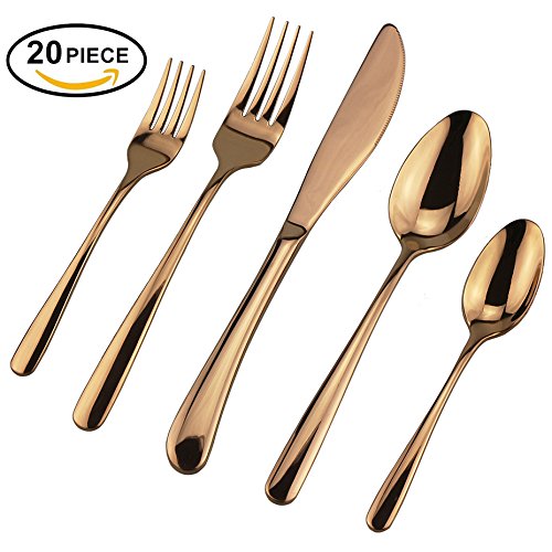 Silverware Set, DEALIGHT 20-Piece Flatware, Rose Gold Heavy-Duty Cutlery made by 18/10 Stainless Steel, Eating Utensils Include Knife Fork Spoon, for 4 People