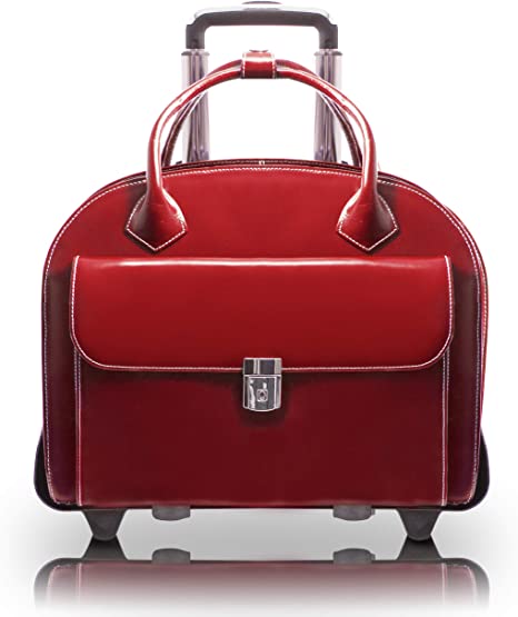 McKlein, W Series, Glen Ellyn, Top Grain Cowhide Leather, 15" Leather Patented Detachable -Wheeled Ladies' Laptop Briefcase, Red (94366)