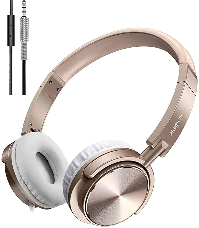 Vogek On Ear Headphones with Mic, Stereo Bass Fold-Flat Headset, Wired Portable Earphones with Microphone, Adjustable Headband and 1.5M Tangle Free Cord for Kids Students Teens Adults, Gold