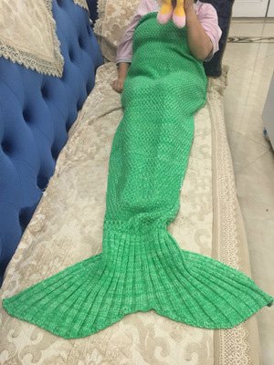 BG174; Cute Green Mermaid Tail Crochet Blanket All Seasons Soft Warm Sleeping Bags