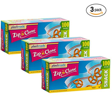 Plastimade Zip 'n Close Snack Bags 100 Count Pack Of 3