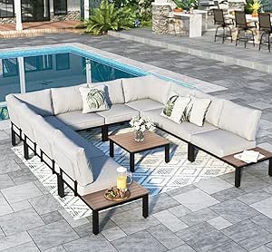 Sophia & William 9PCS Metal Patio Furniture Set, Outdoor Sectional Sofa Patio Conversation Set with Cushions-2 Single Sofa with Side Table, 2 Single Sofa, 2 Corner Sofa, 2 Loveseat, 1 Tea Table