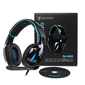 Brand New SADES SA902 Gaming Headset 7.1 Virtual surround Stereo Sound Over Ear Gaming Headphones Wired USB LED Light With Mic Volume Control For PC/ Laptop (Black&Blue)