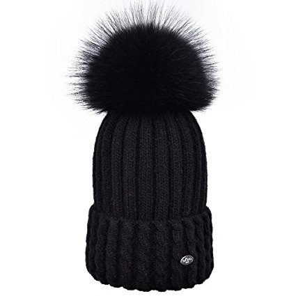 SOMALER Winter Fur Pom Pom Beanie For Women Real Fox Fur Knit Beanies For Girls Cuff Hat