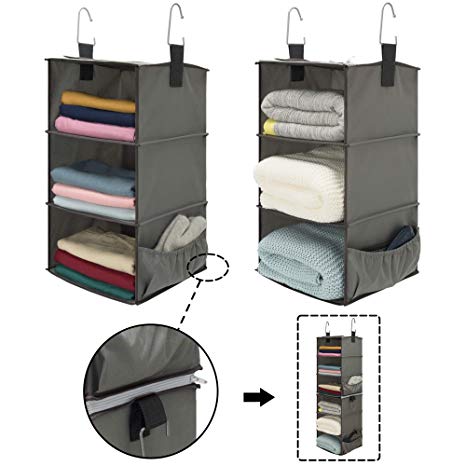 StorageWorks 2PCS 3-Shelf Hanging Closet Organizers, Space-Saving Storage Closet Hanging Shelves, Collapsible Storage Shelves for Clothes and Shoes, Polyester Fabric, Greenish Gray, 12"x12"x21"