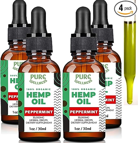 Pure wellness Hemp Seed Oil Drops Peppermint Flavor for Improved Cognitive Function, Omega 3 6 9 Fatty Acids, Organic, Non-GMO, Vegan (30,000mg 4-Pack)