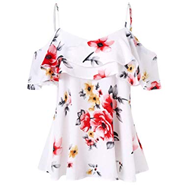 NREALY Women Floral Printing Cold Shoulder Shirt Sleeveless Vest Tank Tops Blouse