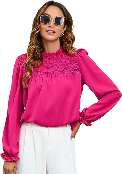 Milumia Women's Smocked Frill Mock Neck Ruffle Puff Long Sleeve Pleated Blouse Work Tops Hot Pink Small