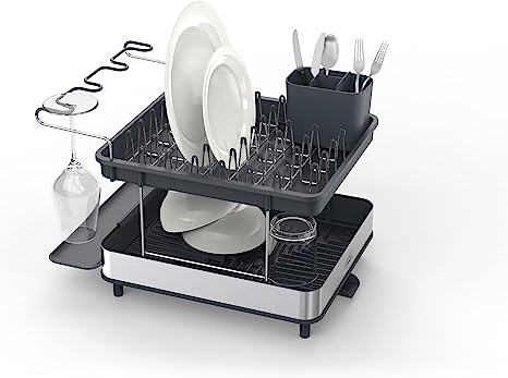 Joseph Joseph Excel, Escurreplatos en acero inoxidable de 2 niveles para la encimera de la cocina, con tubo de drenaje, escurridor móvil para cubiertos y soporte para copas de vino