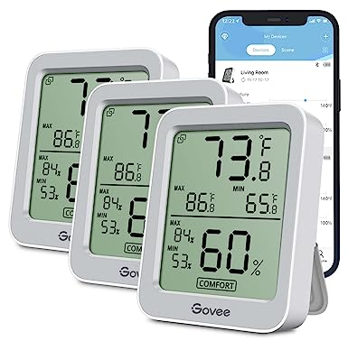 Govee Indoor Hygrometer Thermometer 3 Pack, Bluetooth Humidity Temperature Gauge with Large LCD Display, Notification Alert with Max Min Records, 2 Years Data Storage Export, Grey