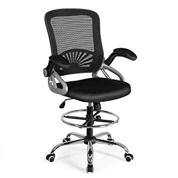 Giantex Mesh Drafting Chair Adjustable Height with Lumbar Support, Ergonomic Computer Chair w/Flip Up Arms & Footrest Ring, Padded Seat, Swivel Rolling Executive Chair