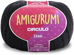 Circulo Amigurumi Yarn, 100% Mercerized Brazilian Virgin Cotton - Cotton Yarn for Crocheting and Knitting, Soft Yarn, Black Yarn Art - Sport Weight Yarn, 4.4 oz, 278 yds - Color 8990 - Black