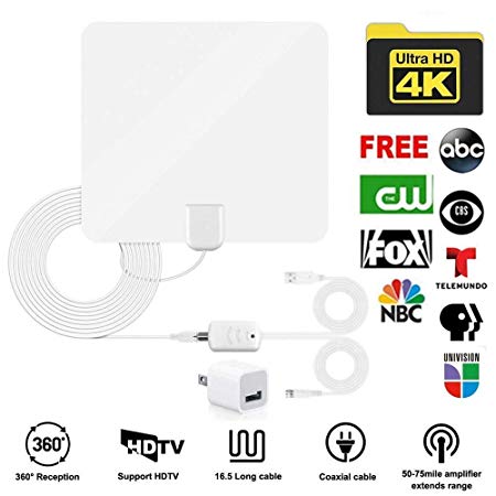 Sumee TV Antenna, Indoor Digital Amplified HDTV Antennas 50-80 Miles Range with Detachable Signal Amplifier, UL Adapter and 16.5FT Longer Coax Cable - Support 4K 1080p (White)