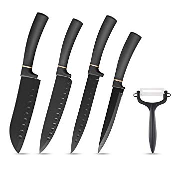 Elabo 5 Pieces Black Kitchen Knife Set Stainless Steel Non Stick Coating Knives, Rose Gold Handle, Includes 6'' Chef Knife, 7'' Santoku Knife, 7" Slicer Knife, 5''Utility Knife and Ceramics Peeler