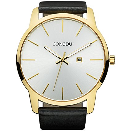 SONGDU Men's Gold Elegant Watches with Date Analog Stainless Steel Case and Black Leather Strap