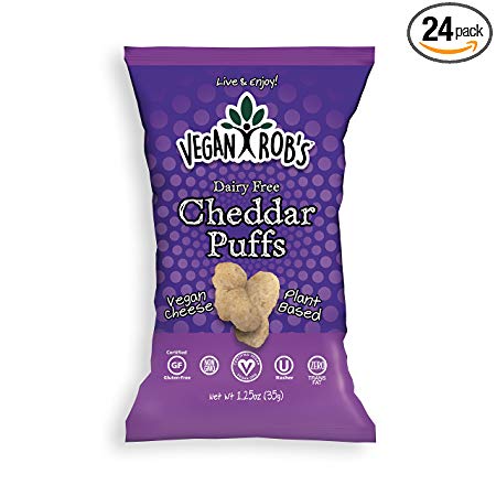 Vegan Rob's Puffs, Cheddar | Dairy Free, Made with Vegan Cheese, Gluten-Free Snack, Plant Based, Vegan-Friendly, Non GMO | 1.25 Ounce Snack Size Bags (24 Count)