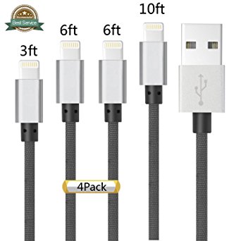 Charger Cable for iPhone,Nutmix 4Pack 3FT 6FT 6FT 10FT Nylon Braided Cord Lightning Cable to USB Charging Charger for iPhone 7, Plus, 6, 6S, SE, 5S, 5, 5C, iPad, iPod [Grey]