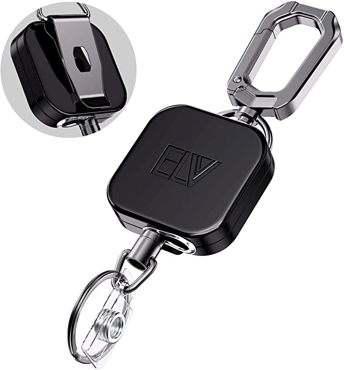 E LV Self Retractable ID Badge Holder Key Reel, Heavy Duty Metal Body, 30 Inches Steel Cord, Carabiner Key Chain Keychain with Belt Clip, Hold Up to 15 Keys and Tools