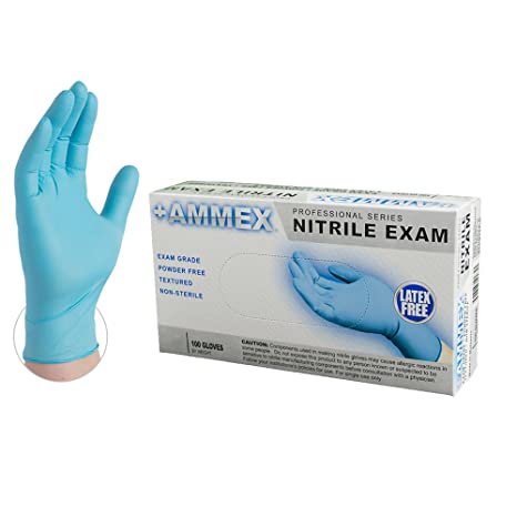 AMMEX Medical Blue Nitrile Gloves, Box of 100, 4 mil, Size Medium, Latex Free, Powder Free, Textured, Disposable, Non-Sterile, APFN44100-BX