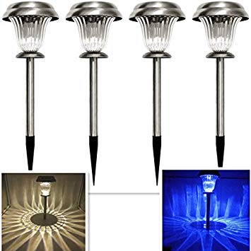 Sogrand Solar Christmas Lights Decorations Outdoor Pathway Decorative Garden Stake Light Set Bright White Blue 2 Color LED Path Lamp Stainless Steel Landscape Lighting Stakes for Walkway Yard 4Pack