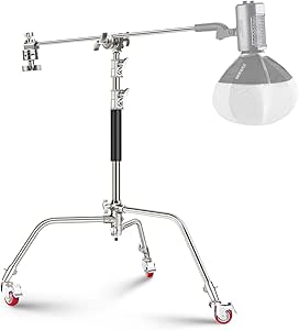 NEEWER Stainless Steel Heavy Duty C Stand with Swivel Casters, 43"-73"/110-186cm Photography Light Stand with 33"/83cm Boom Arm, 2 Grip Heads for Studio Monolight, Softbox, Reflector, SC186W