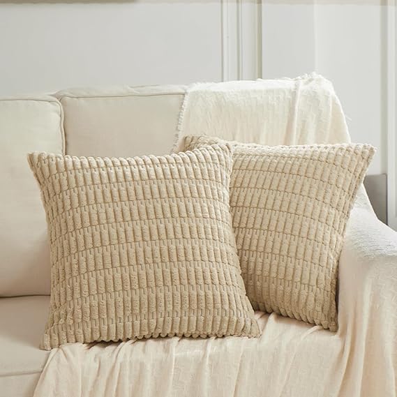 Fancy Homi 2 Packs Tan Decorative Throw Pillow Covers 18x18 Inch for Living Room Couch Bed Sofa, Soft Striped Corduroy Square Cushion Case 45x45 cm, Beige Rustic Farmhouse Boho Home Decor