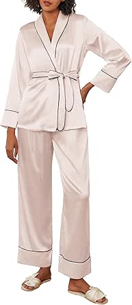 Ekouaer Satin Pjs for Women Set Silk Pajamas Set Long Sleeve Top with Pants Soft 2 Pieces Loungewear with Belt