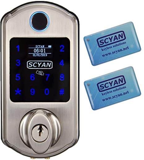 SCYAN D6 Fingerprint Touchscreen Key Fob Deadbolt with OLED Display in Satin Nickel