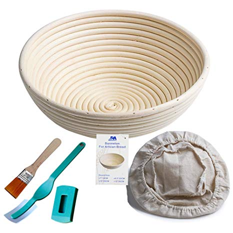 Banneton Proofing Basket 10" Round Banneton Brotform for Bread and 1000g Dough [Free Brush] Proofing Rising Rattan Bowl   Free Liner   Free Lame