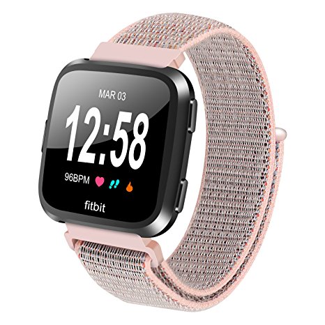 TenCloud For Fitbit Versa Health Care Watch Replacement Accessories Soft Sport Nylon Weave Loop Band Regular (NO Watch) (Pink Sand)