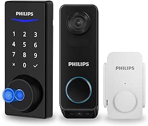 Philips Video Smart Lock, Wireless Dual Camera Video Doorbell Fingerprint Keyless Entry Door Lock, Smart Bluetooth Deadbolt,App Remote Control,2K HD,Doorbell Camera,No Monthly Fee