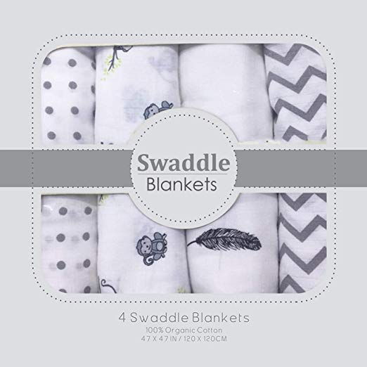 Muslin Swaddle Blankets - Soft Silky 100% Muslin Cotton Swaddle Blanket for Baby, Large 47 x 47 inches, Set of 4- Zig Zag, Polka, Wing & Monkey Print in Grey Pattern