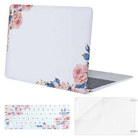 Mosiso Plastic Pattern Hard Case Shell with Keyboard Cover with Screen Protector for MacBook 12 Inch with Retina Display A1534 (Newest Version 2017/2016/2015), Pink Peony on White Base