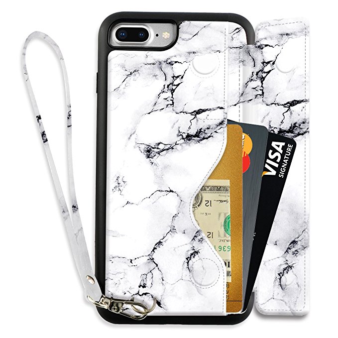 iPhone 8 Plus/7 Plus Wallet Case, ZVE PU Leather Card Holder Case White Marble Design, Shockproof Case with Money Pocket for iPhone 8 Plus (2017)/iPhone 7 Plus (2016) - Marble White
