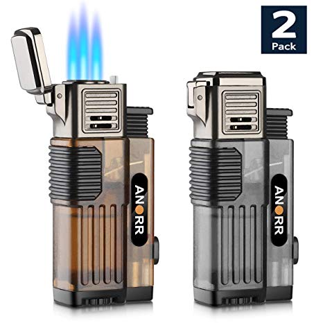 [2-Pack] Torch Lighter, Cigar Cigarette Lighter Adjustable 3 Jet Flame Refillable Butane Lighter w/Punch Cutter