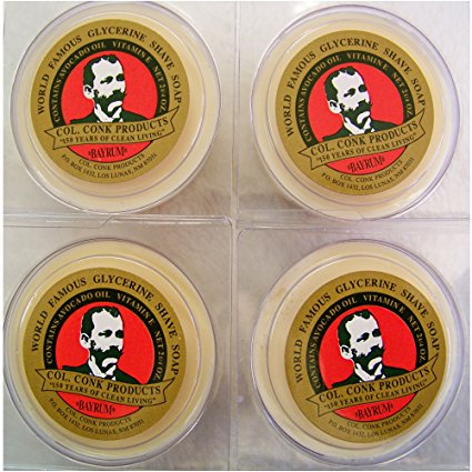 A pack of four Bayrum Col. Ichabod Conk Famous Shave Soaps. Each cake is 2.25oz.