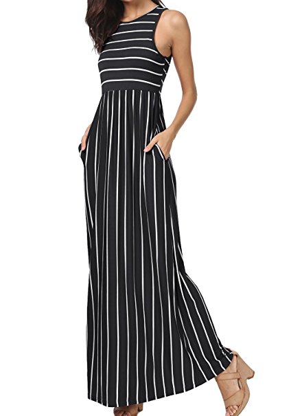 levaca Women's Summer Sleeveless Striped Pockets Loose Swing Casual Maxi Dress