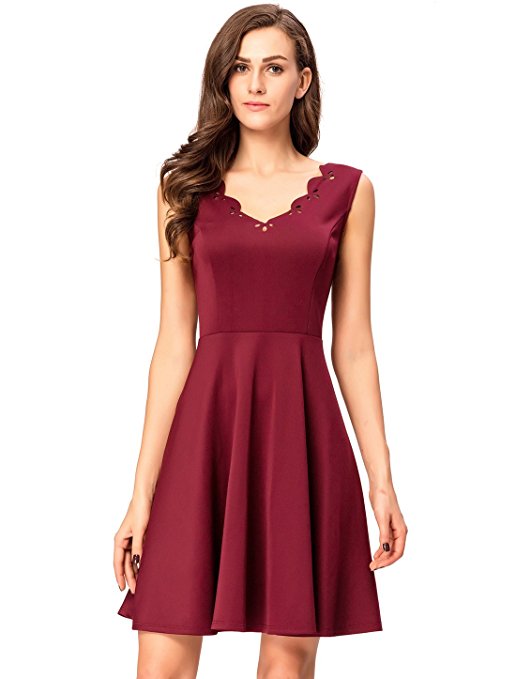 InsNova Women’s Burgundy Cocktail Dresses Scalloped Pleated Ponte Fit and Flare