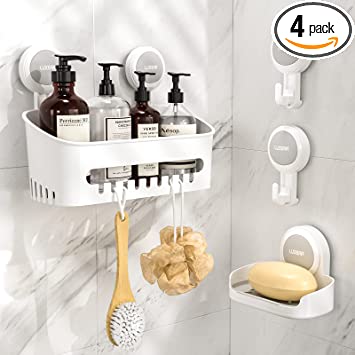 4 Packs Shower Caddy Suction Cup Set - Shower Shelf Soap Dish Suction Hooks - One Second Installation NO-Drilling Removable Powerful Waterproof DIY Shower Organizer for inside Shower Bathroom Kitchen