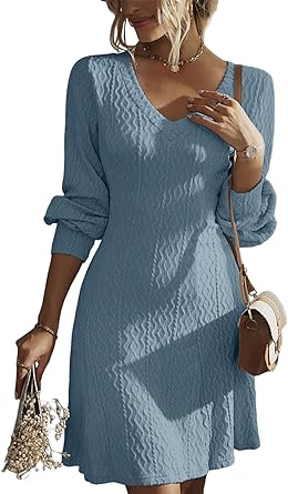 Dokotoo Womens Dresses 2023 Trendy Casual Long Sleeve V Neck Knit A Line Pullover Sweater Mini Dress