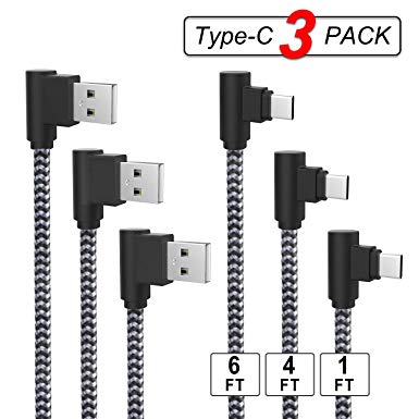 Right Angle USB C Cable [3-Pack, 1FT,4FT,6FT] 90 Degree USB C to USB A Fast Charging Nylon Braided Type C Cords for iPad Pro 2018, Samsung S9 S8 Note 9, LG V30 G6, Pixel 3XL, Nexus 6P/5X, GoPro Black