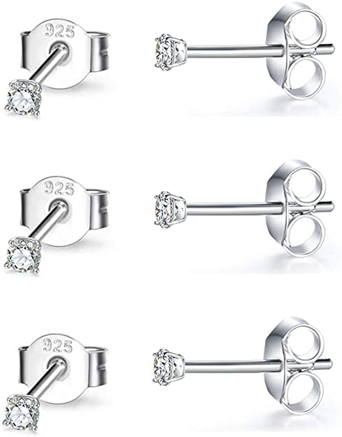 Sterling Silver Stud Earrings for Women Girls Men, 4 Pairs Hypoallergenic Cubic Zirconia CZ Studs Small Round Simulated Diamond Earrings Cartilage Tragus Helix Earrings Set(2mm 3mm 4mm 5mm)