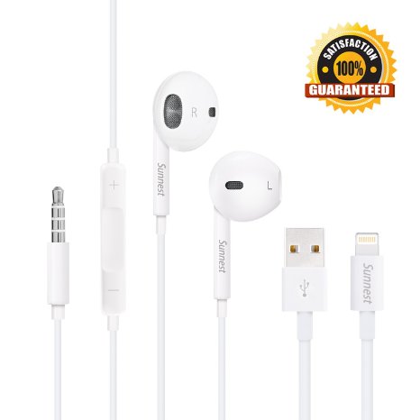 Sunnest Premium Earphones/Earbuds Noise Cancelling Headphones with Stereo Mic & Remote Control for iPhone 6s plus,6s,6 plus, 6, 5s, 5c, 5, iPad Air, iPad, iPod. with 1 PCS Lightning Cable(White)