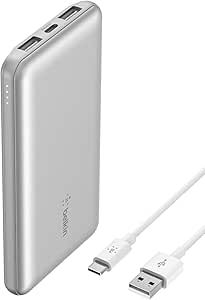 Belkin Portable Charger, USB-C Power Bank 10k w/ 1 USB-C Port and 2 USB-A Ports with USB-A to USB-C Cable for iPhone 16, 16 Plus, 16 Pro, 16 Pro Max, Samsung Galaxy S24, & More - Silver