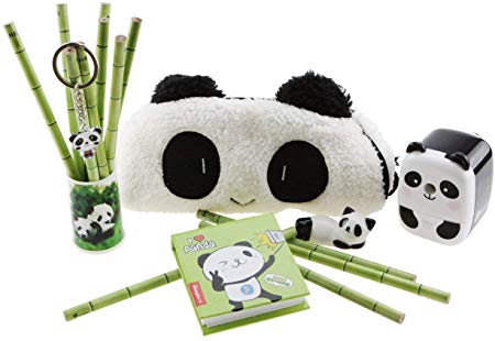 Adorable Panda Theme Stationery Set 6 Pieces Include 1 Pencil Holder with 12 Pencil 1 Key Chain 1 Pen Case 1 Sharpener 1 Memo Pad 1 Ceramic Panda Toy for Kids School Study Gift