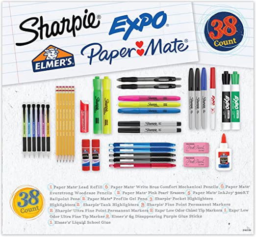 School Supplies Variety Pack, Sharpie, Expo, Paper Mate, Elmer’s, Permanent Markers, Mechanical Pencils, Woodcase Pencils, Ballpoint Pens, Gel Pens, School Glue, Glue Sticks, and More, 38 Count