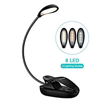 Topelek 8 LED 3 Colors Reading Stepless Brightness Control Light, USB Rechargeable, 360° Flexible Neck Clip Music Stand, Book Cabinet Portable for Trip Black